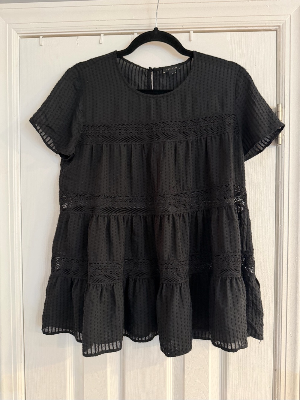 Ann Taylor Black Tiered Short-Sleeve Swiss Dot & Lace Top